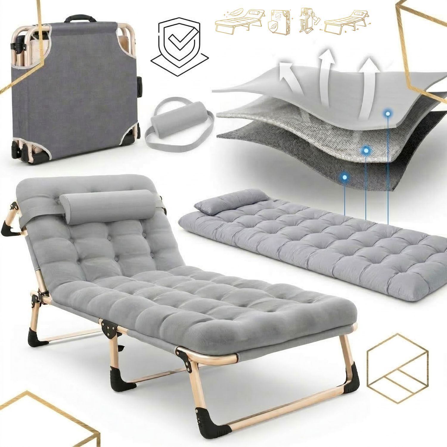 Łóżko Turystyczne Składane z Materacem szarym – Polowe z Atestem GPB-150-GR GP BRAND