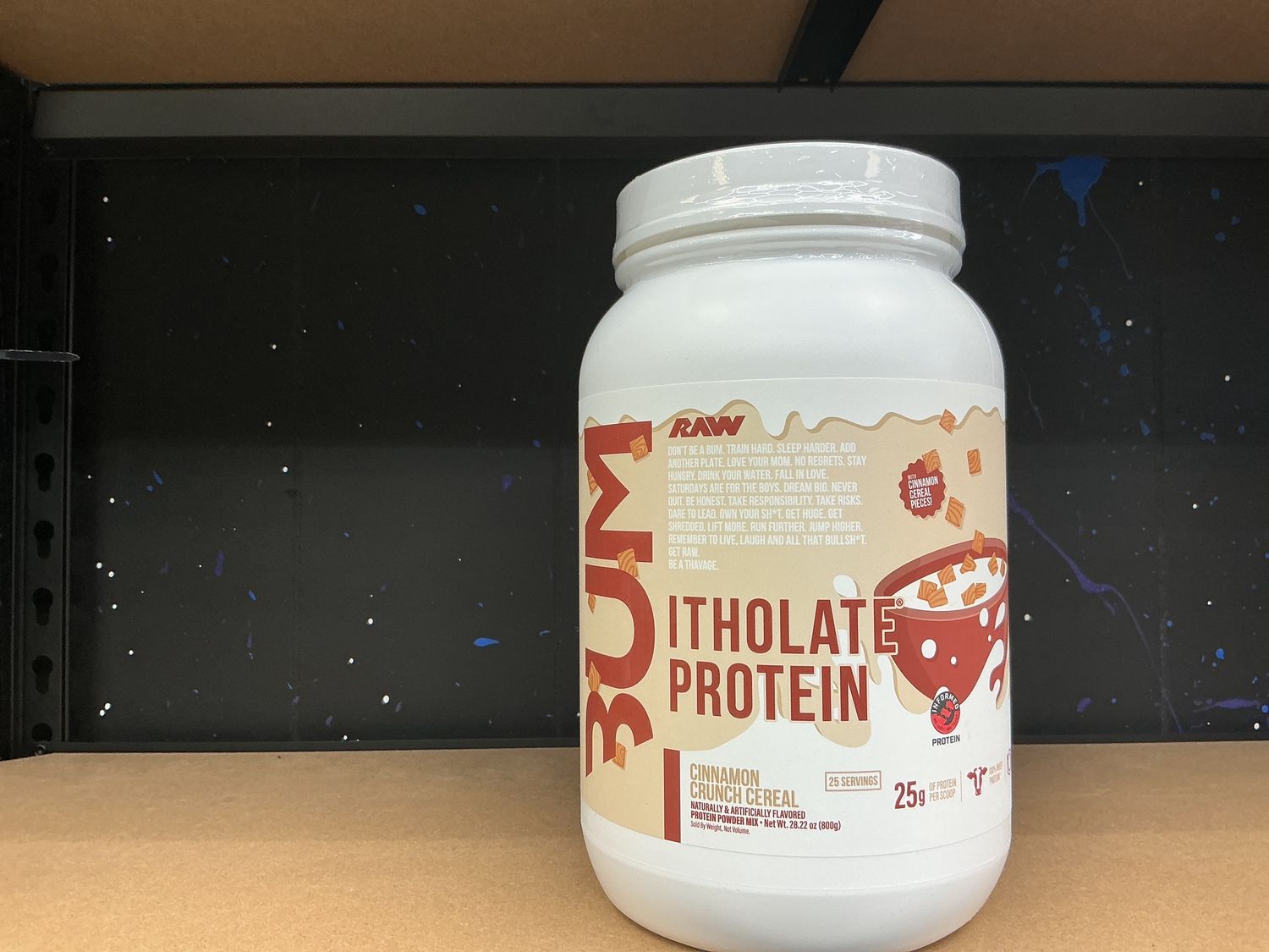 Raw CBUM Itholate protein, cinnamon crunch cereal