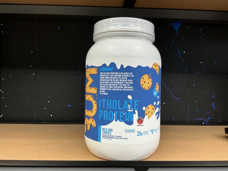 Raw CBUM Itholate protein, Milk, and cookies