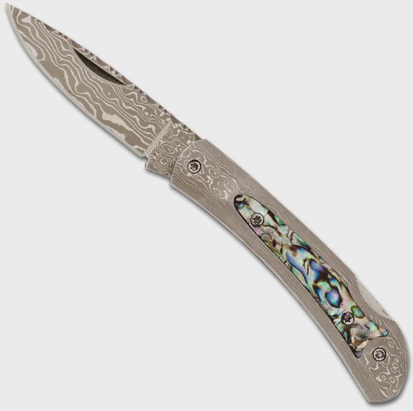D49AB DAMASCUS STEEL FRAME POCKET KNIFE WITH ABALONE INLAY