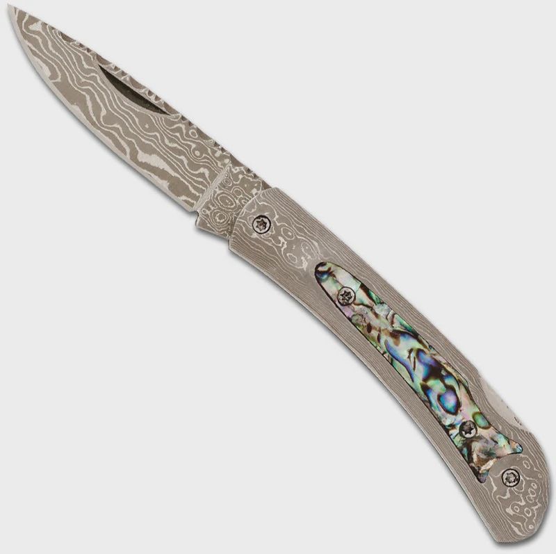 D49AB DAMASCUS STEEL FRAME POCKET KNIFE WITH ABALONE INLAY