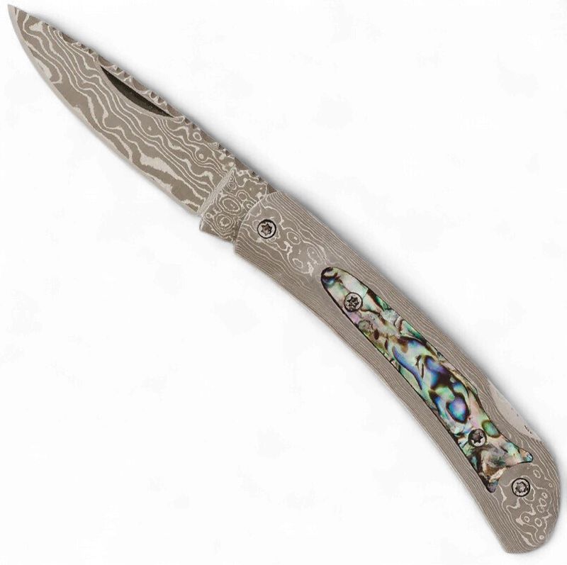 D49AB DAMASCUS STEEL FRAME POCKET KNIFE WITH ABALONE INLAY