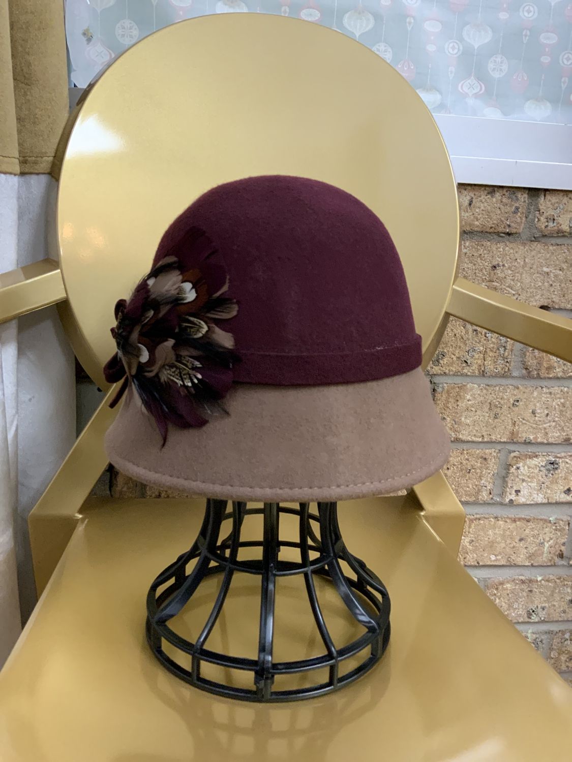 Hat wine color with taupe bib with flower