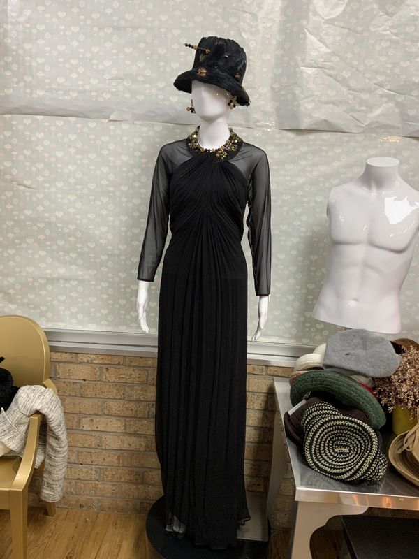 Tadashi Shoj I Chiffon Black Long Gown with a beaded Taupe Collar Neckline