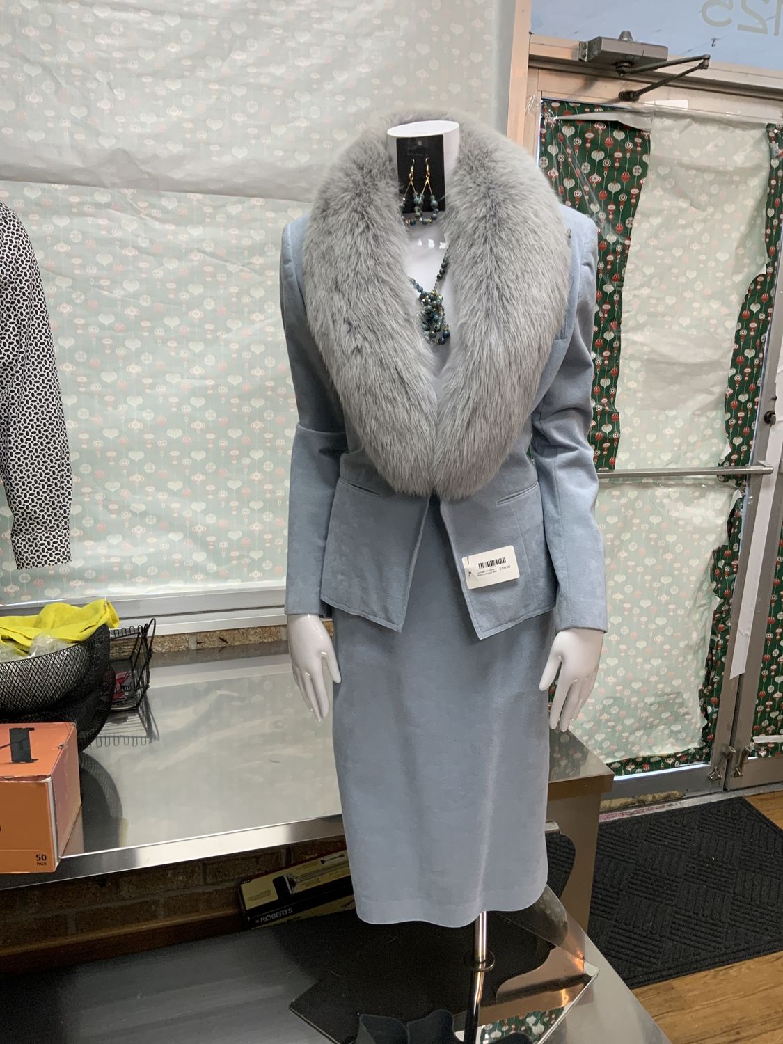 Formal 2 pc. Baby Blue Ulrasuede with Gray Fox Mink removeable collar