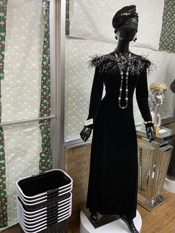 Evening Dress Long Black Velvet with Black and With Feathers at topSize 8