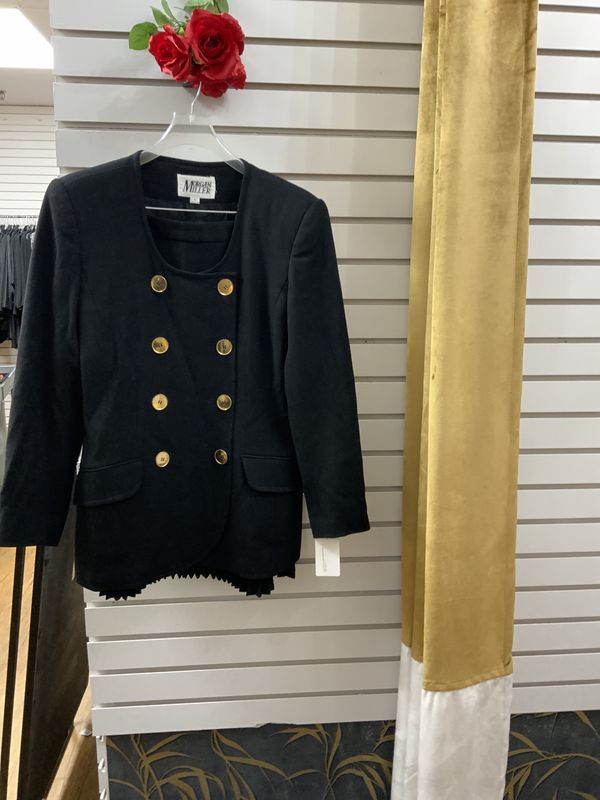 Suit Black Double Breasted Blazer with Gold Buttons with Pleated Knee Skirt Size 10