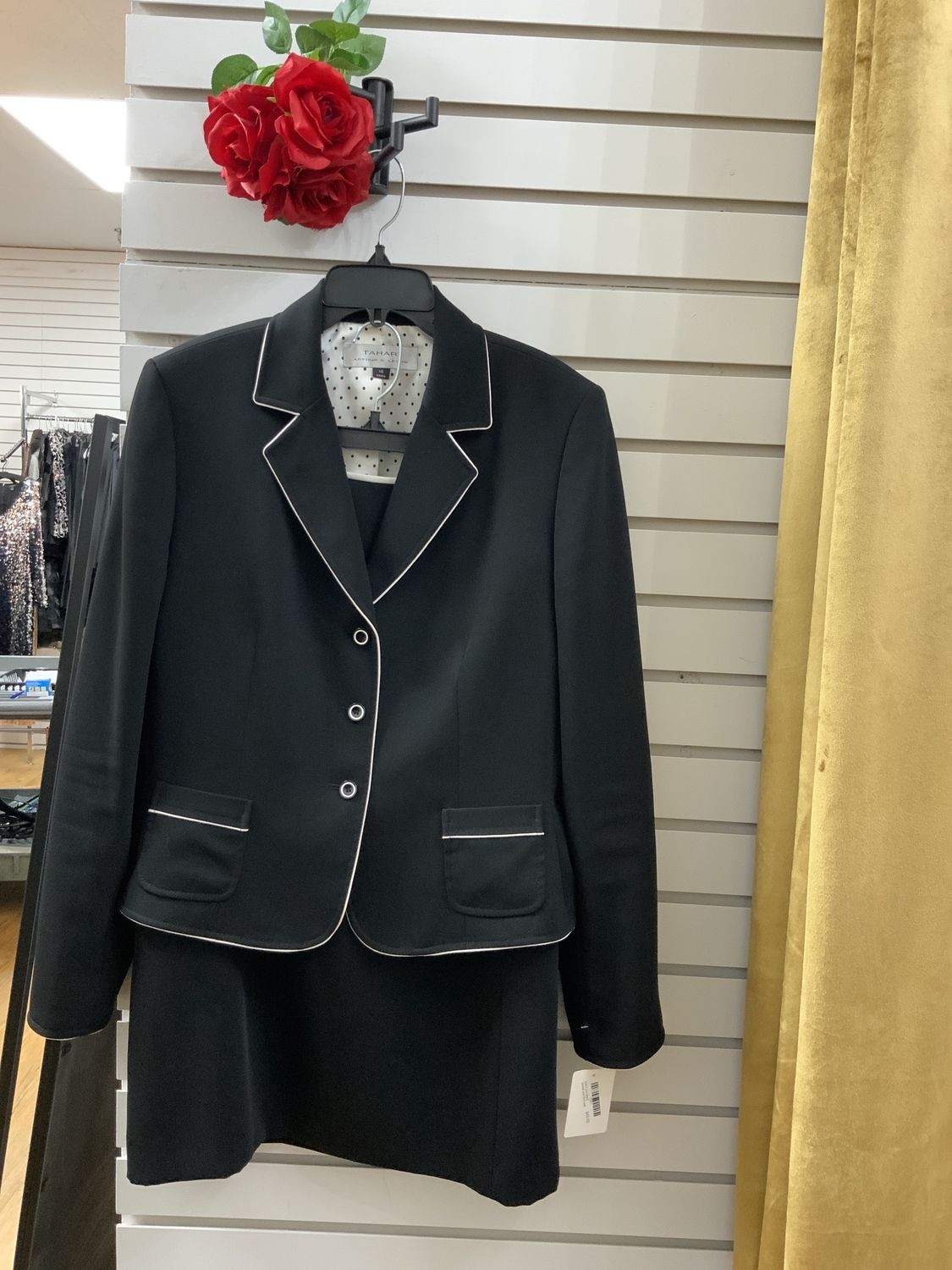 Suit 2 pcs Black Jacket and Skirt with white Trim Size 10