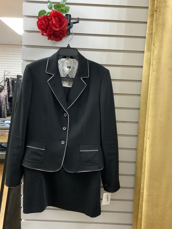 Suit 2 pcs Black Jacket and Skirt with white Trim Size 10
