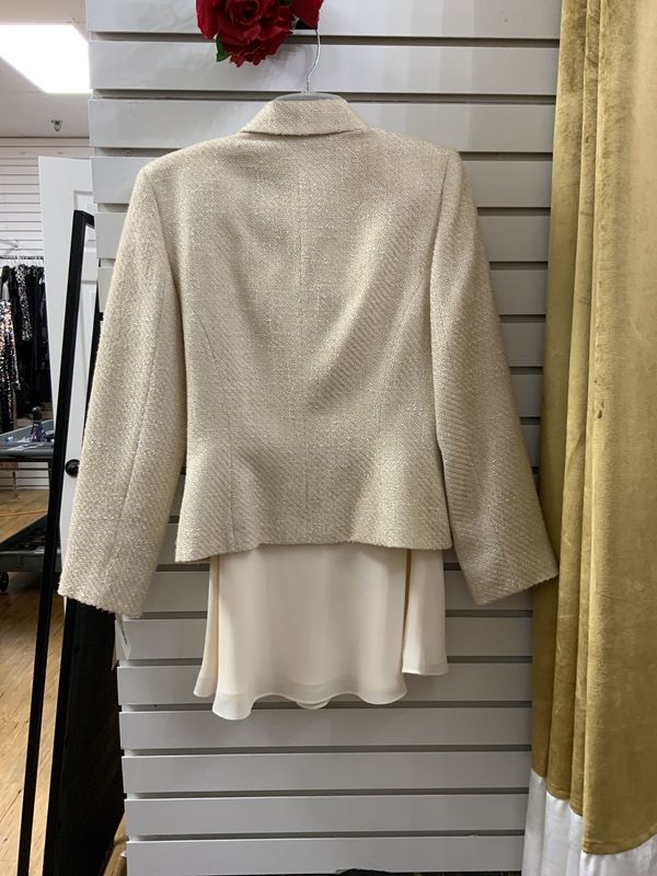 Suit 2 pcs Cream and Taupe Tweed Jacket with Chiffon trim and Chiffon Skirt Size 10