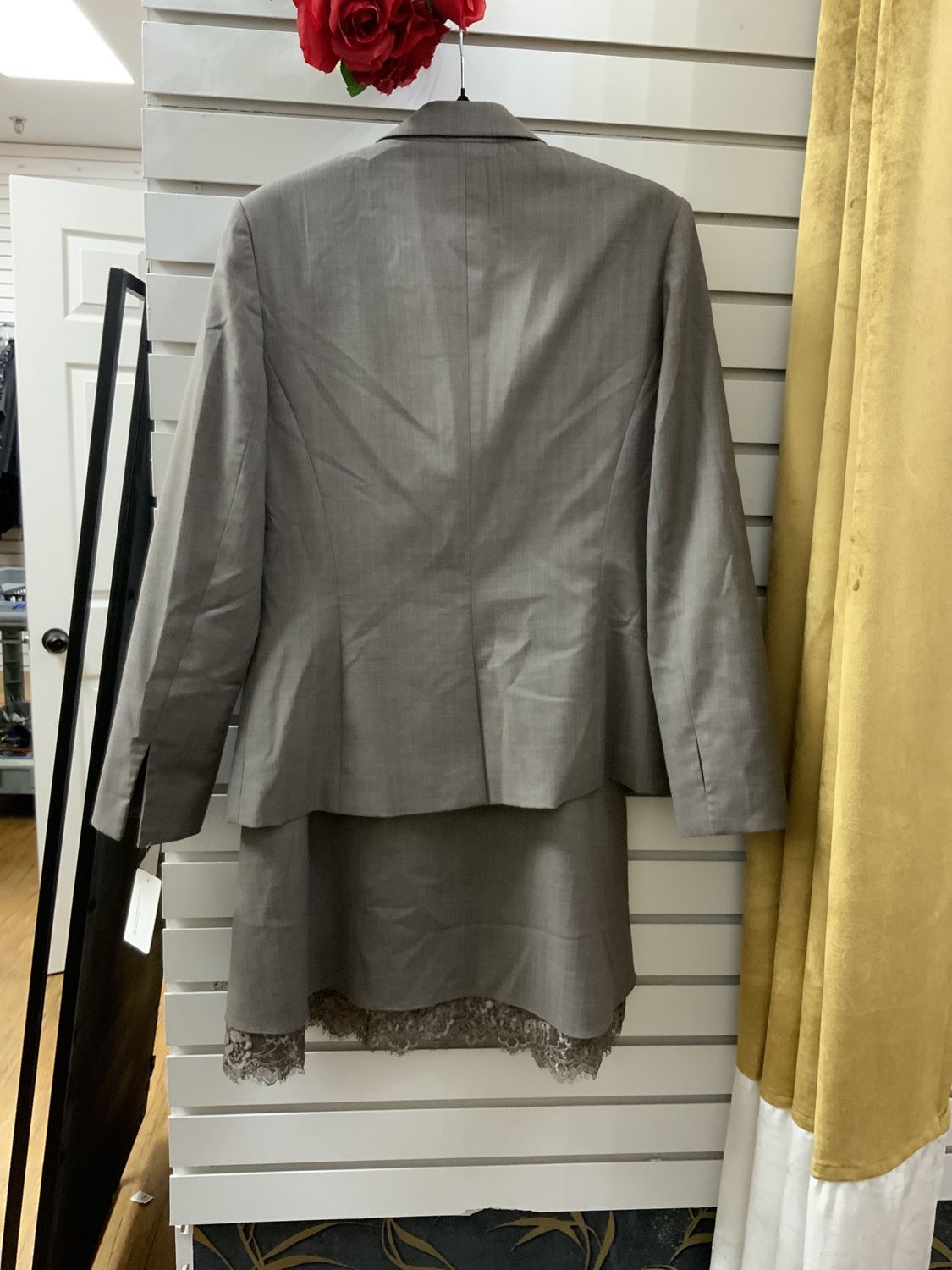 Suit 2 pcs Taupe Grayish with Baby Blue Pinstrip Jacket and Skirt with Lace Bottom Size 12