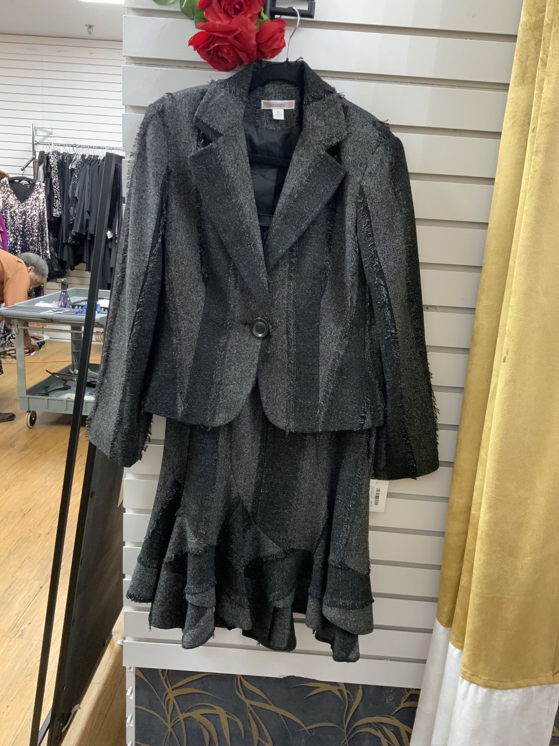 Suit 2 Pcs Black and Gray Fringe Jacket and Skirt Size 12