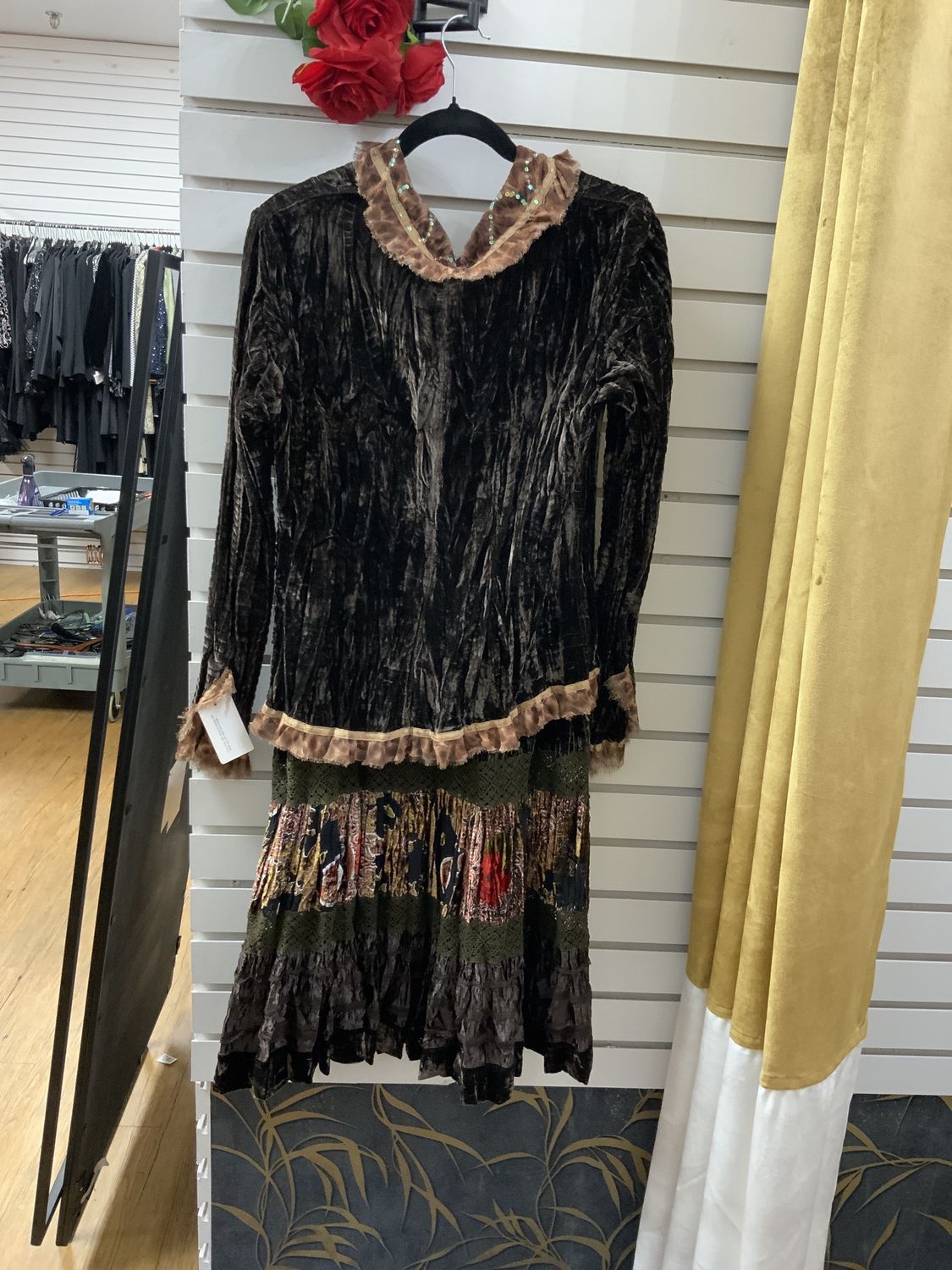 Suit 3 Pcs. Brown Velvet with Leopard Print Trim with Sequins Jacket and Shell Top and Skirt Size Large