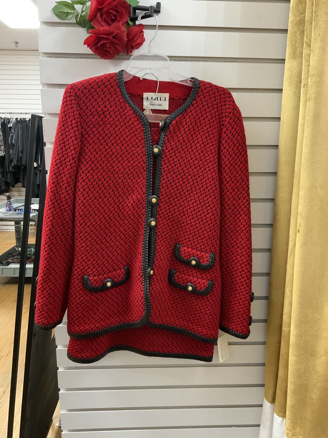 Suit 2 pcs Black and Red Knit with Black Leather Like Trim Jacket and Skirt SizeLarge