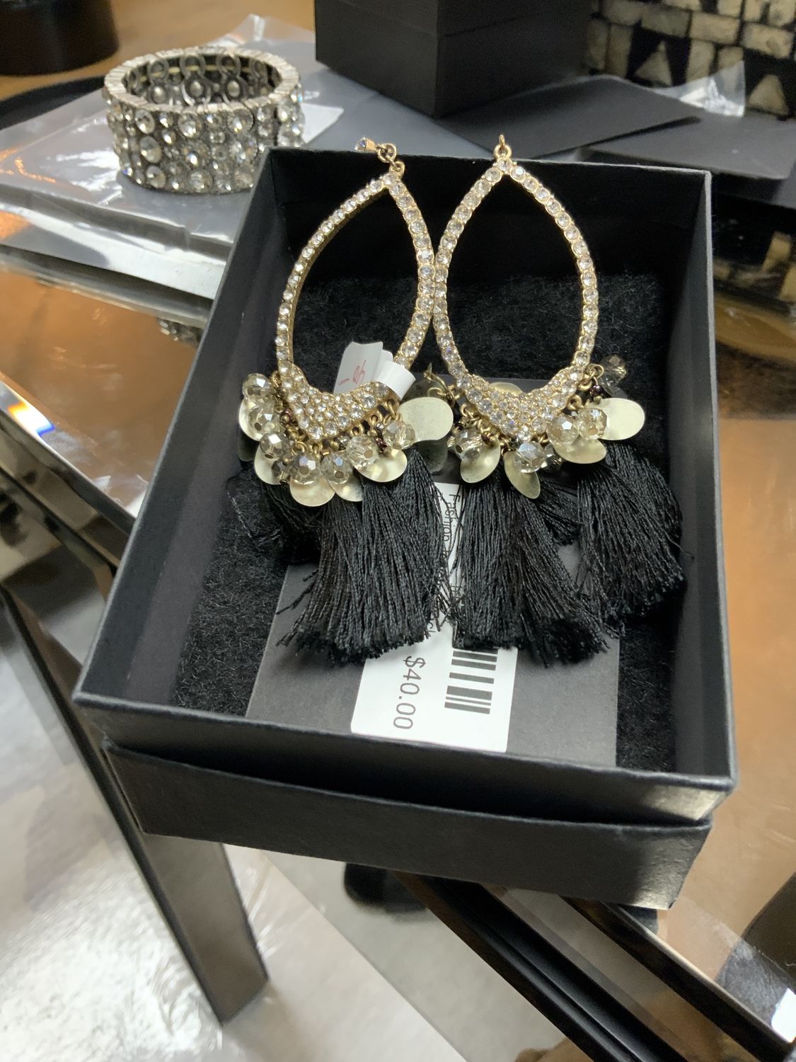 Fashion Jewelry Black Tassel with Clear Stone Crystals Tear Drop Earrings  3 1/2 inches Long