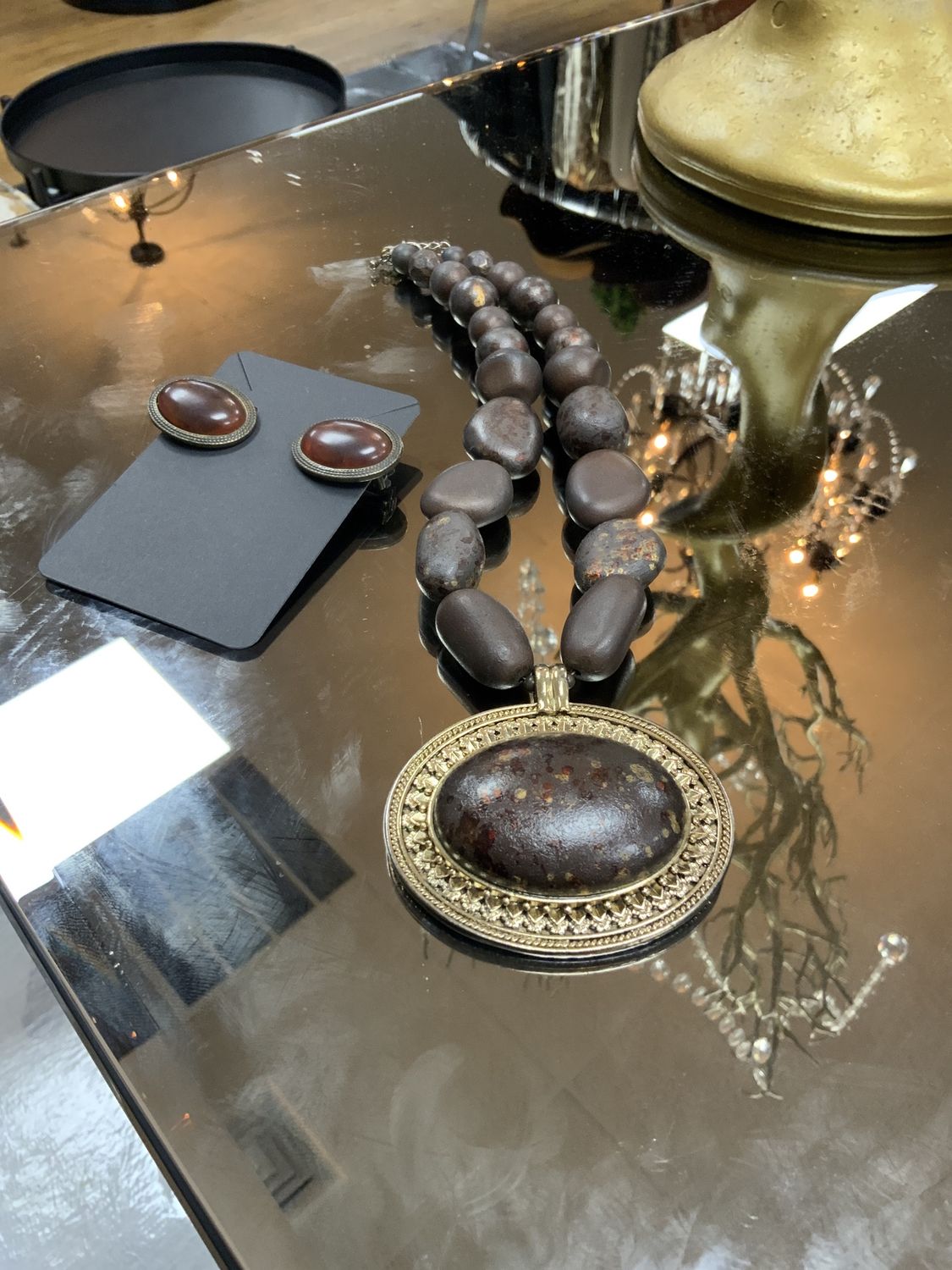 Necklace and Earring Set Brown and Gold Stones 9 Inches Long