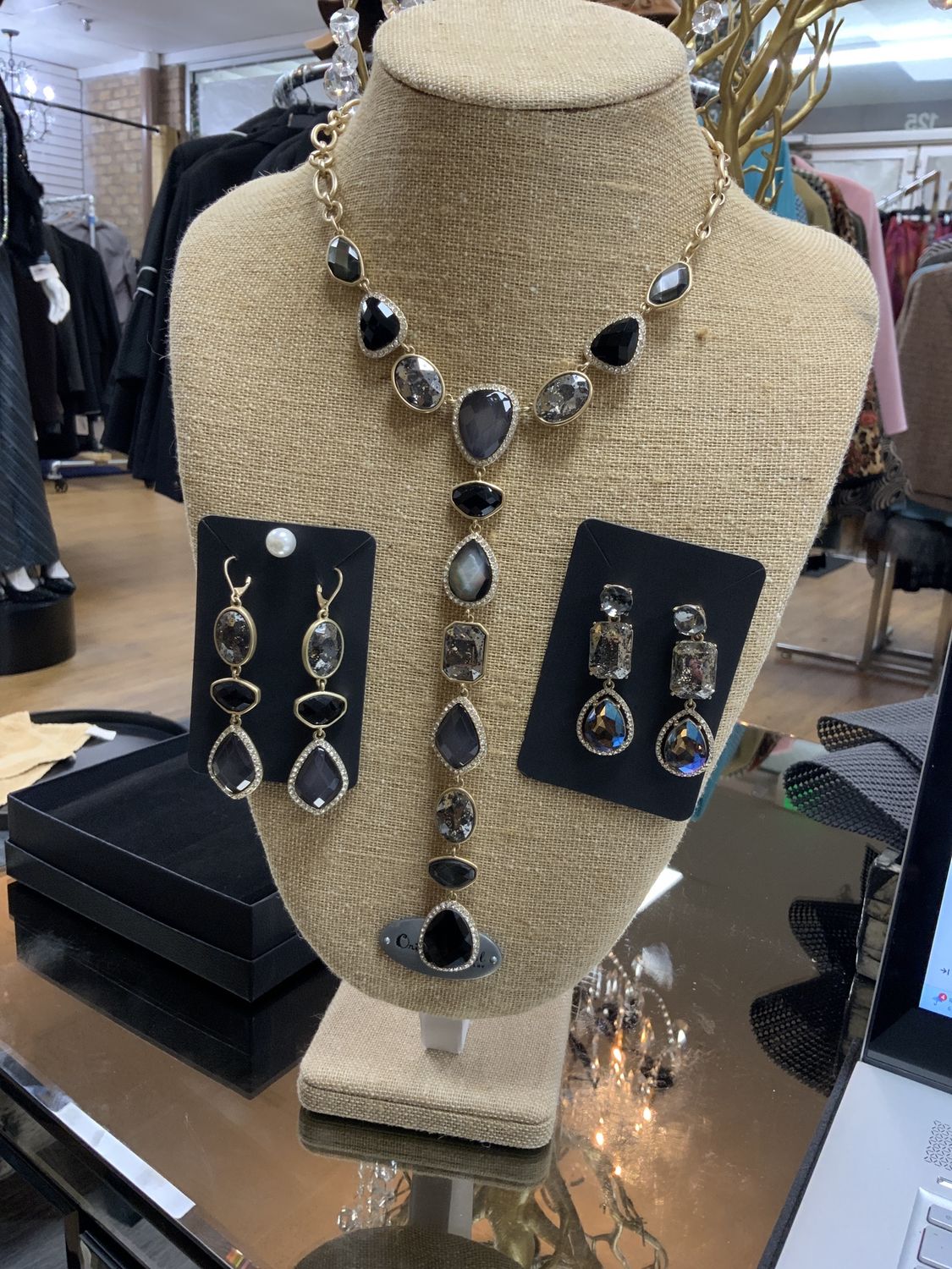 Necklace 3 Pcs Set 16 Inches Long and 2 Pair of Earrings 3 1/2 and 2  Inches Long Gold Black and Gray with Clear Stones