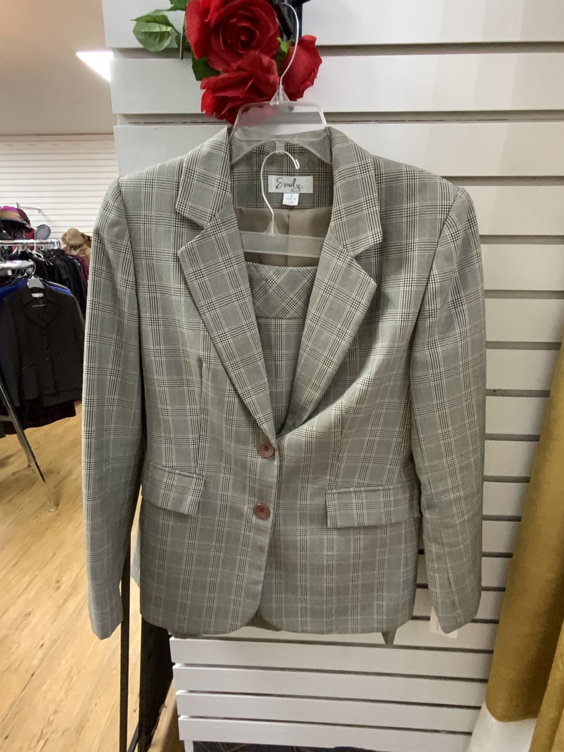 Suit 2 Pcs Tan, Black, Cream Pin Strip Jacket and Skirt Size 10