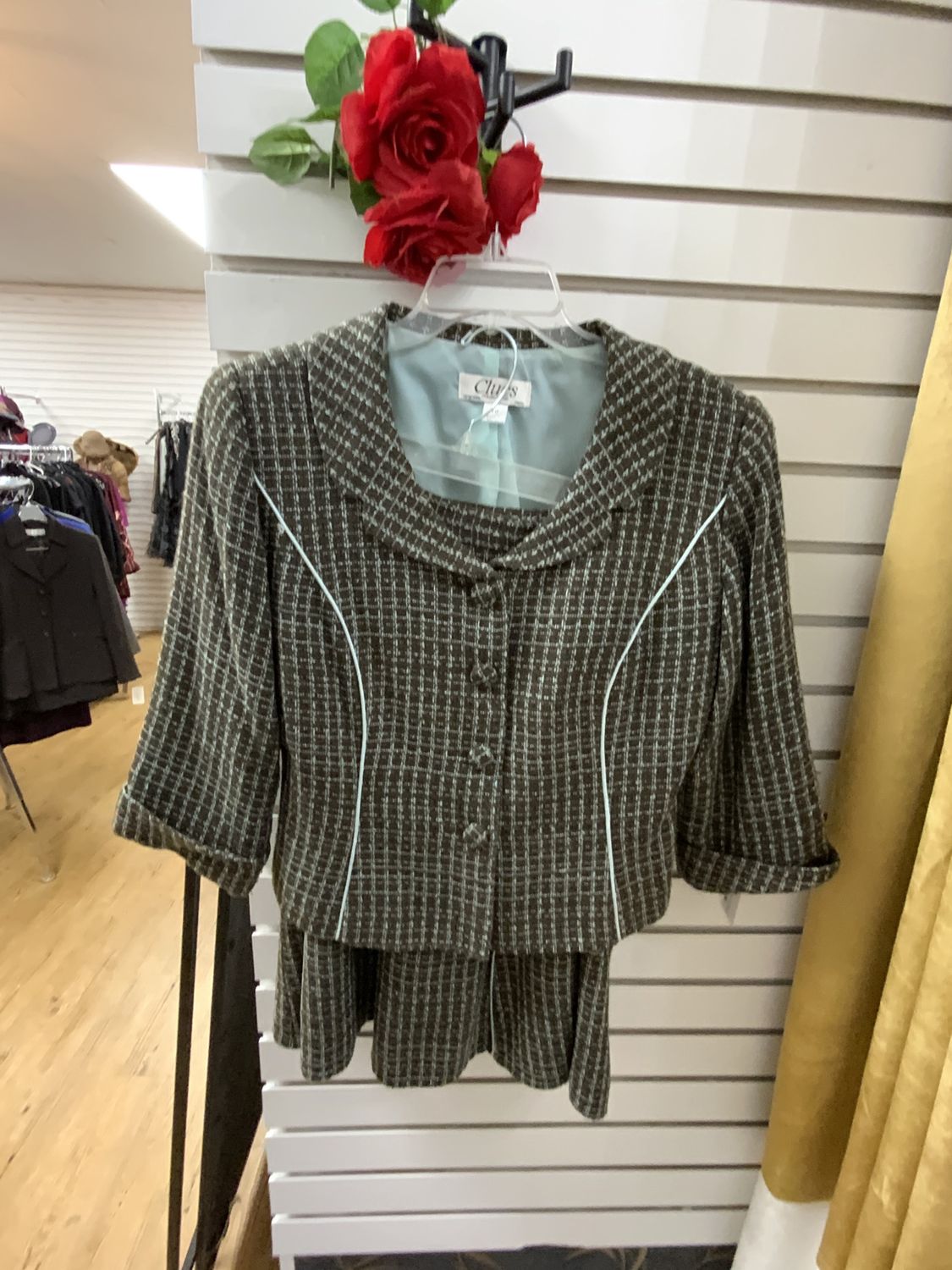 Suit 2 Pcs Brown and Teal Tweed Plaid Jacket with Skirt Size 10