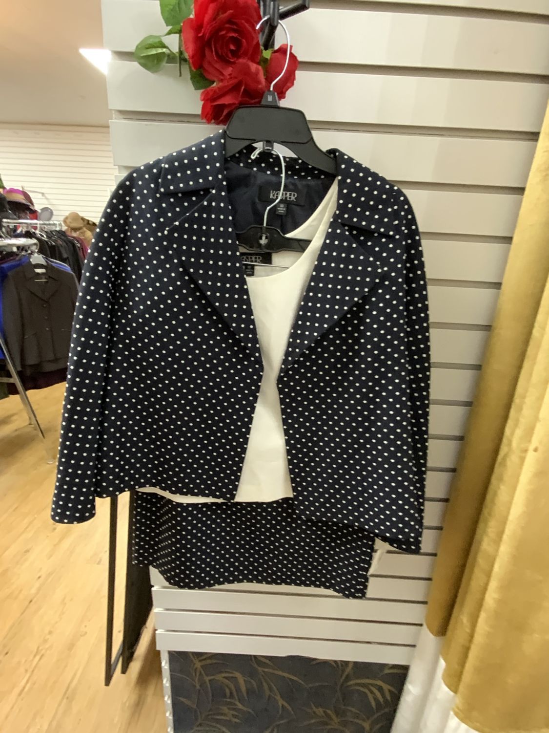 Suit 3 Pcs  Black and White Polka Dot Jacket and Skirt with  White Shell Top Size 10