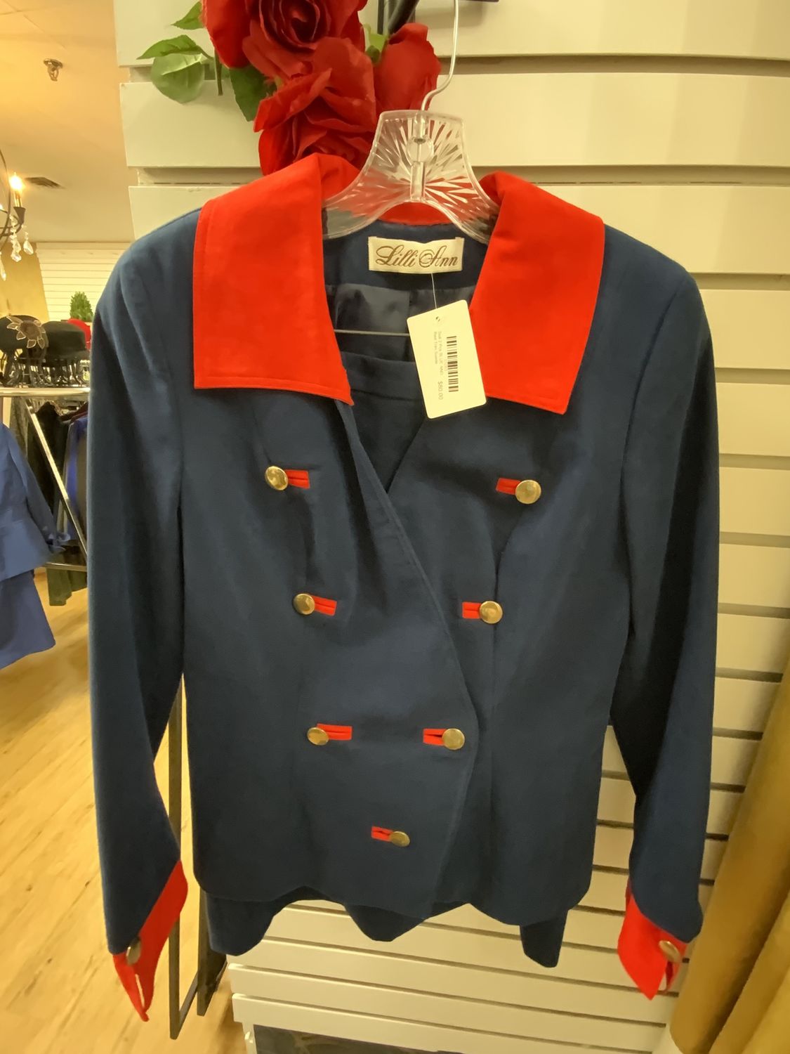 Suit 2 Pcs BLUE AND Red Trim Suede Jacket with Skirt Size 10