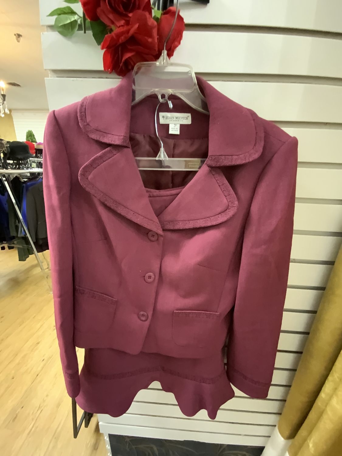 Suit 2 Pcs Burgundy Plum Jacket with Ruffles Skirt Size 10