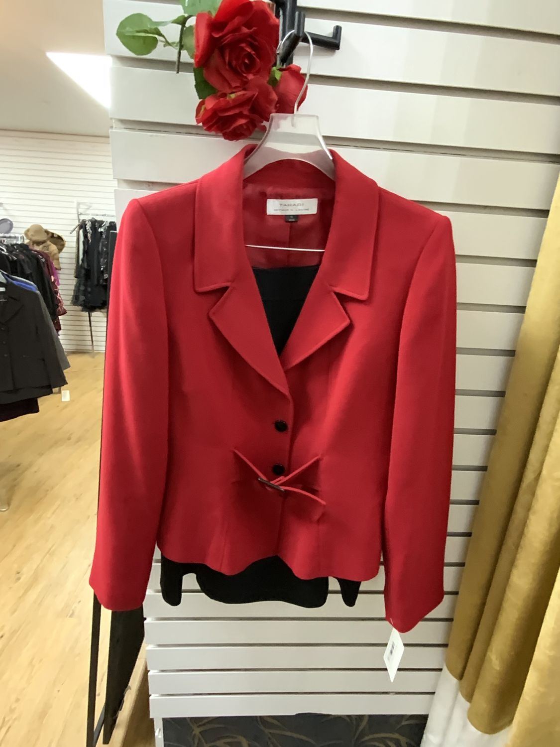 Suit 2 Pcs Red Jacket with Belt and Black Skirt Size 10
