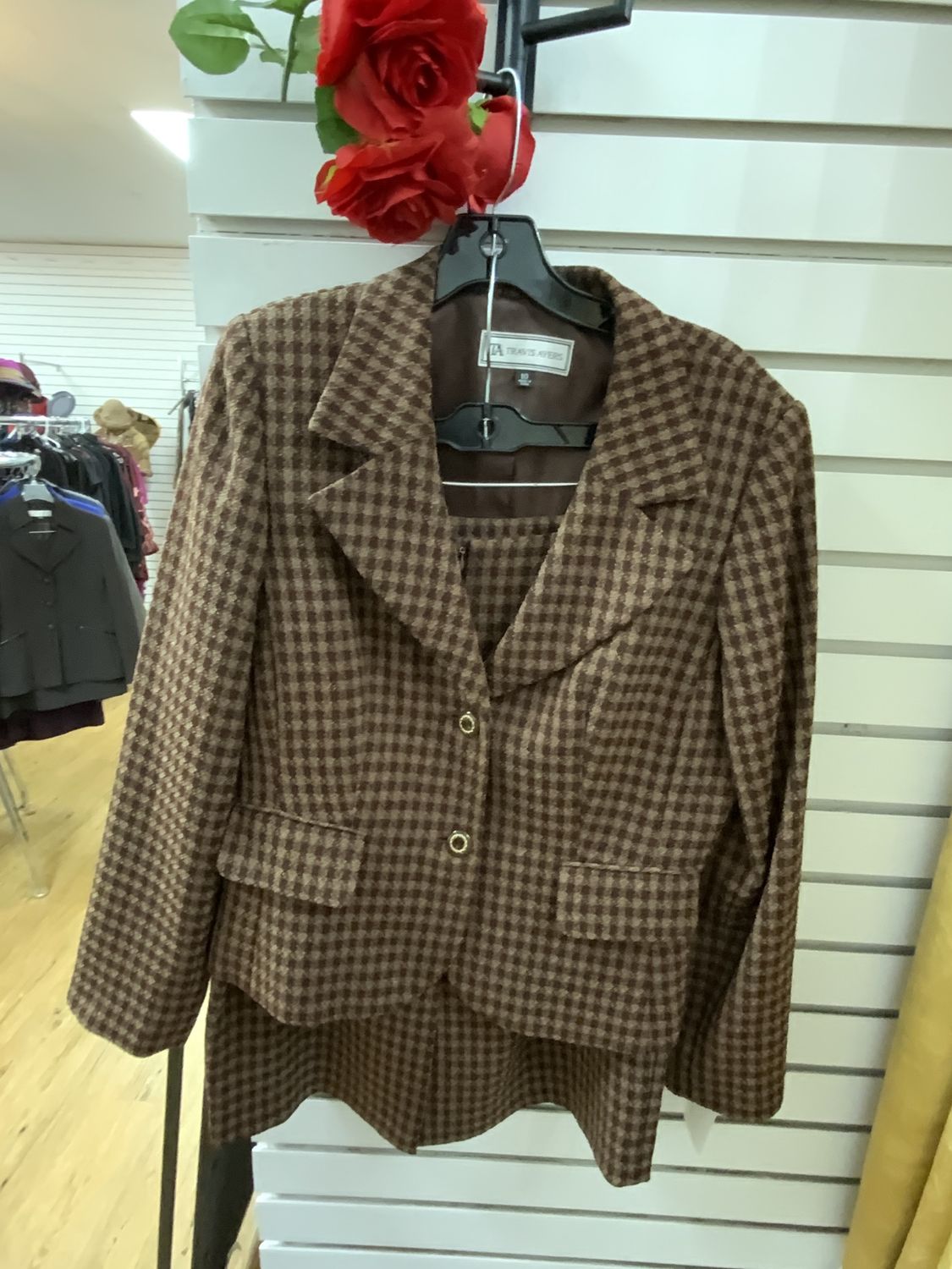 Suit 2 Pcs Brown and Tan Checked Jacket and Skirt Size 10