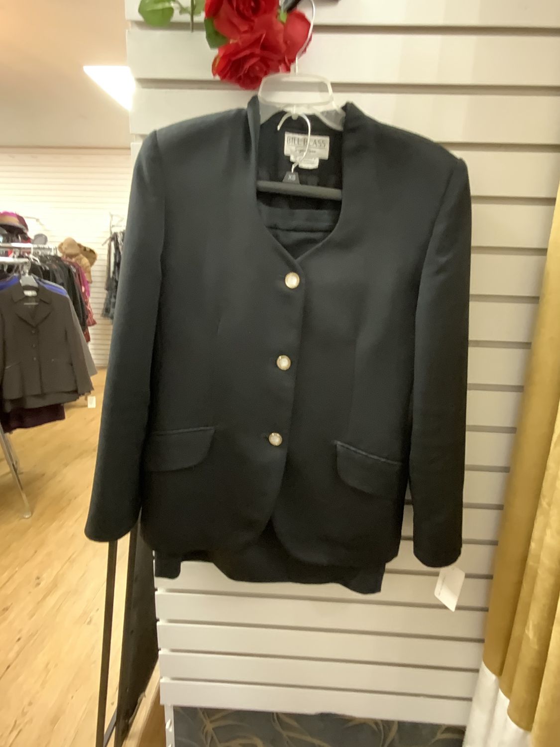 Suit 2 Pcs.  Black with gold and Cream Button Jacket and Skirt Size 10