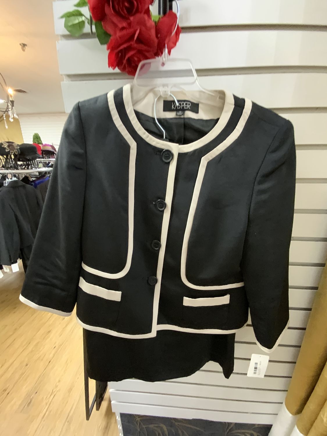 Suit 2 Pcs. Black and Dark Cream Trim Jacket with Skirt Size 10