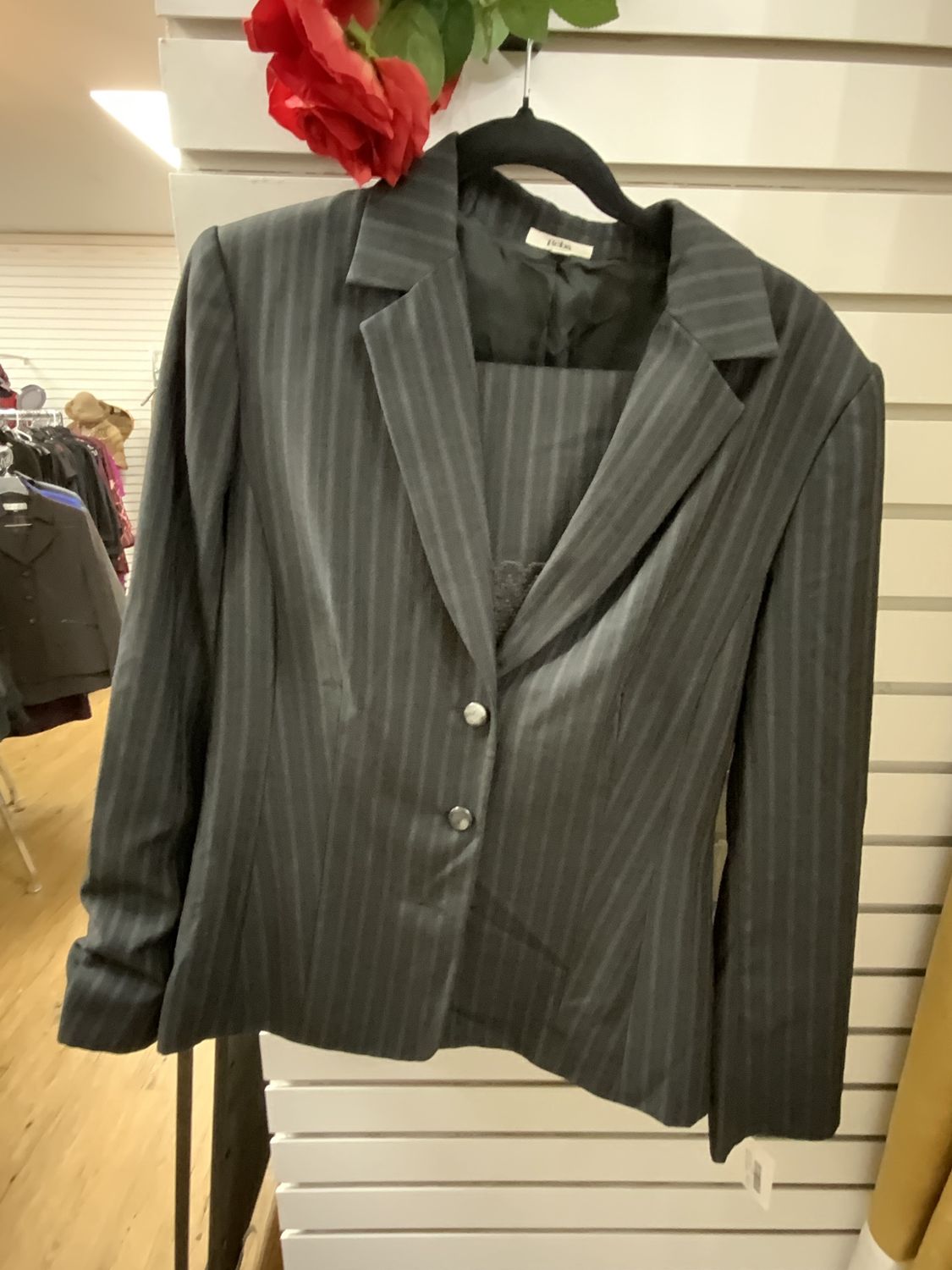 Suit 2 Pcs Black , Brown Pin Strip Jacket and Skirt Size 12