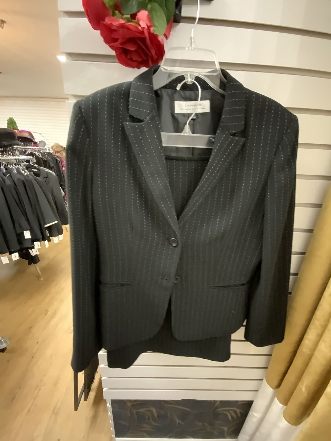 Suit 2 Pcs Black and Cream Pin Strip Jacket with Skirt Size 10