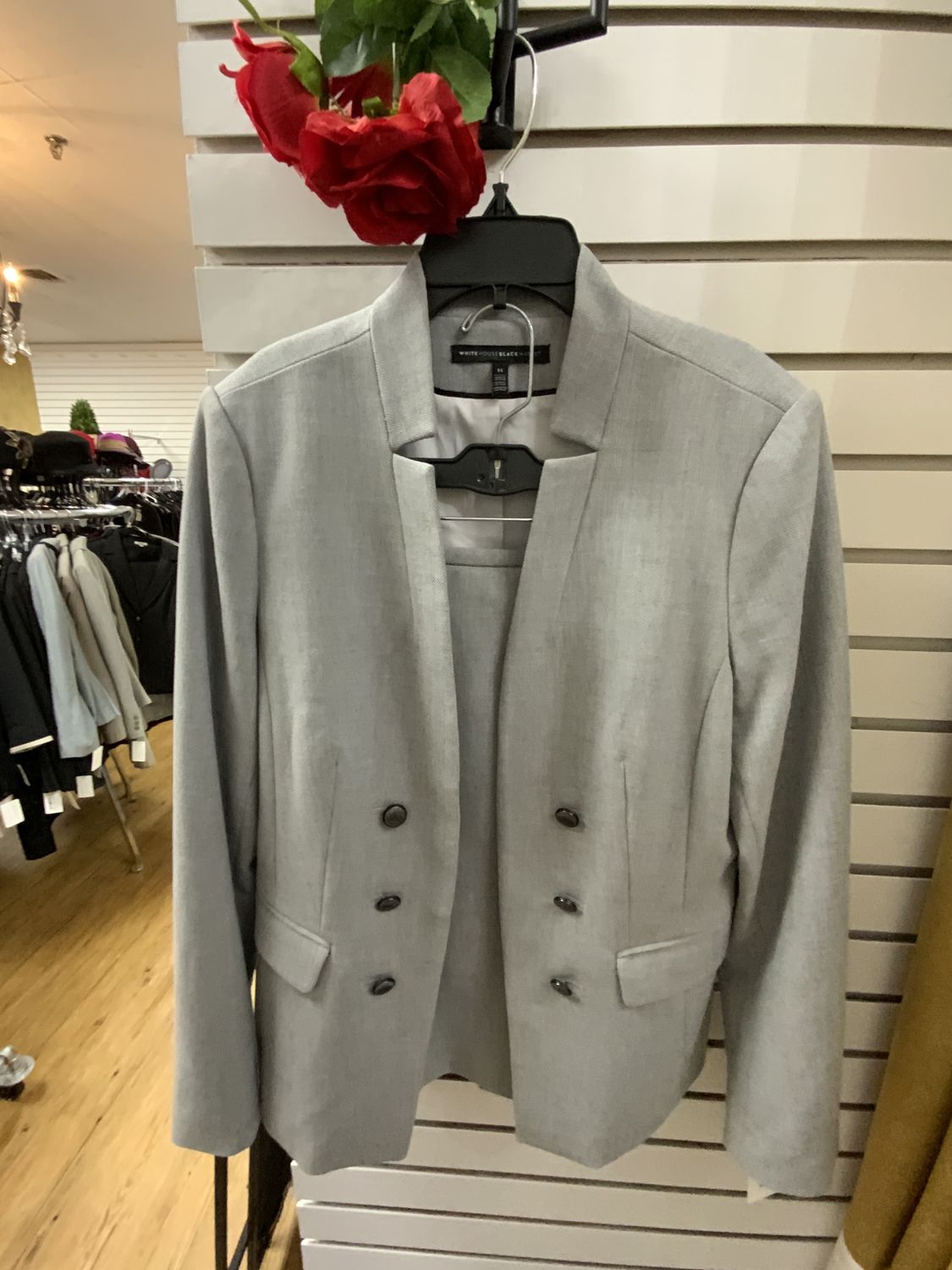 Suit 2 Pcs. Gray Collarless Double Breasted Jacket Size 14 and Skirt Size 12