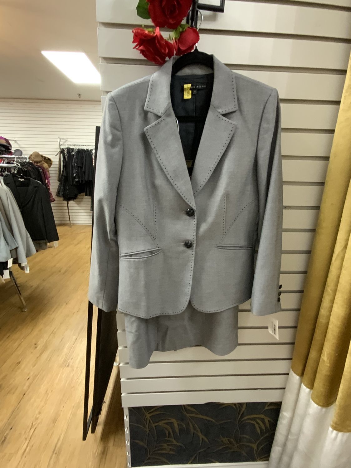 Suit 2 Pcs Gray Blue Stitched Trim Jacket and Skirt Size 10