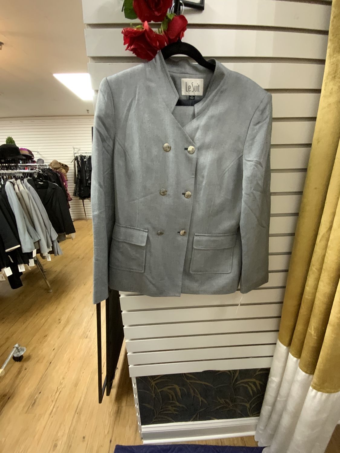 Suit 2 Pcs. Gray with Blue Trim Double Breasted Jacket with Silver Buttons with Skirt Size 12