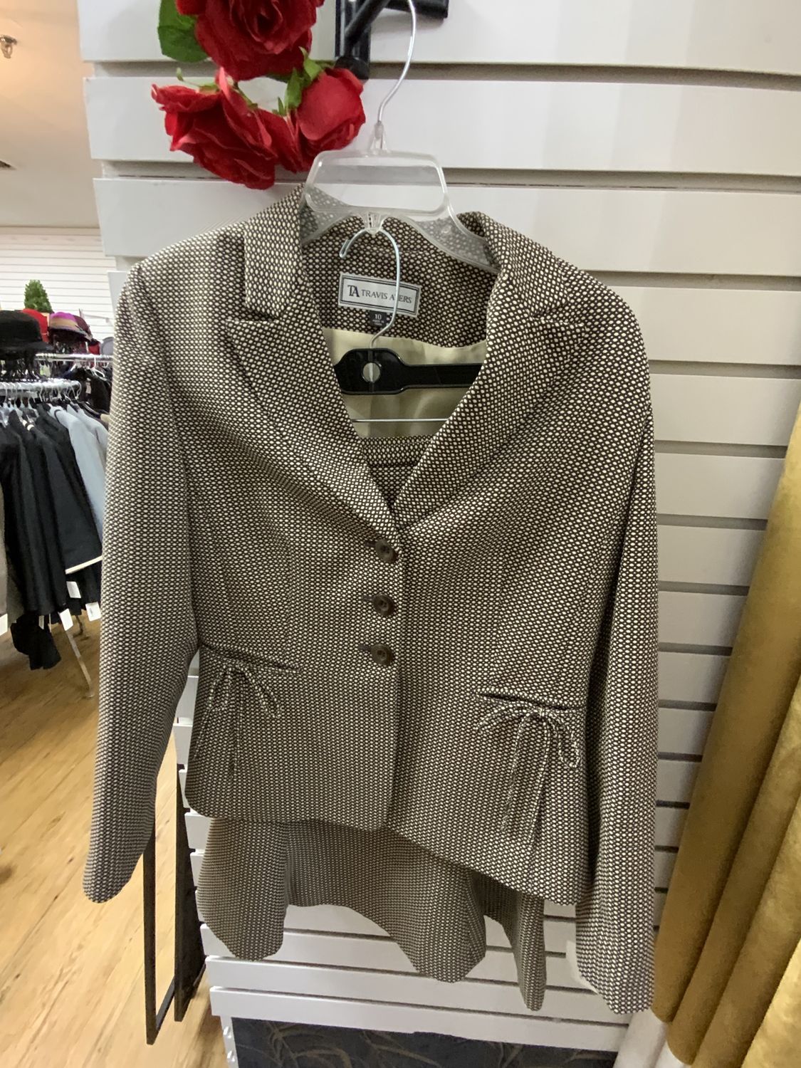 Suit 2 Pcs Brown and Tan Dotted Jacket and Skirt Size 10