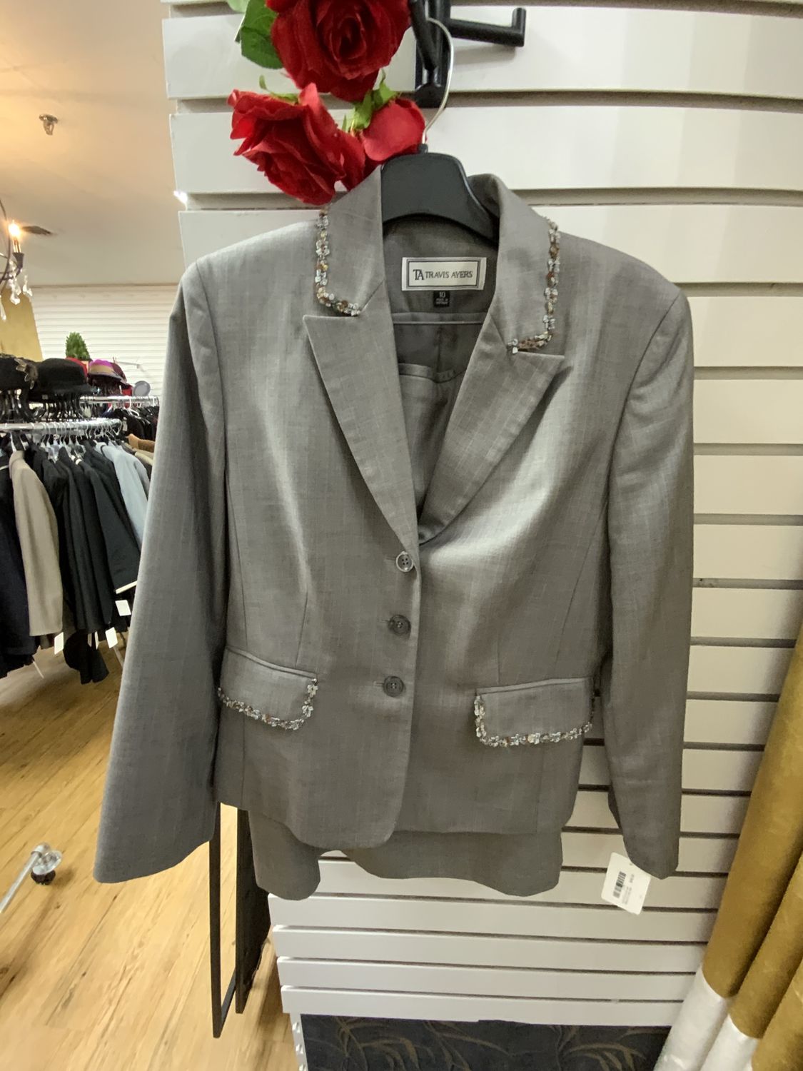 Suit 2 Pcs Gray and Yellow Pin Strip  With Flower Trim Jacket and Skirt Size 10