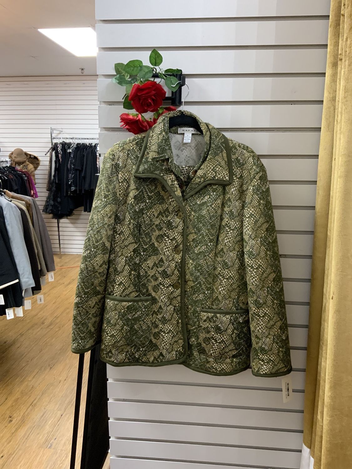 Suit 3 Pcs Green and Tan Snake Skin Look Quitted Jacket and Blouse with Matching Skit  Size Large
