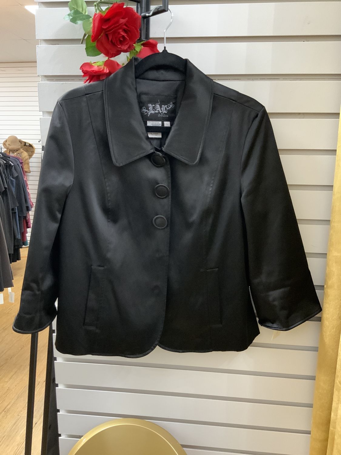 Woman Black Satan Short Jacket 3/4 Sleeves Size Large