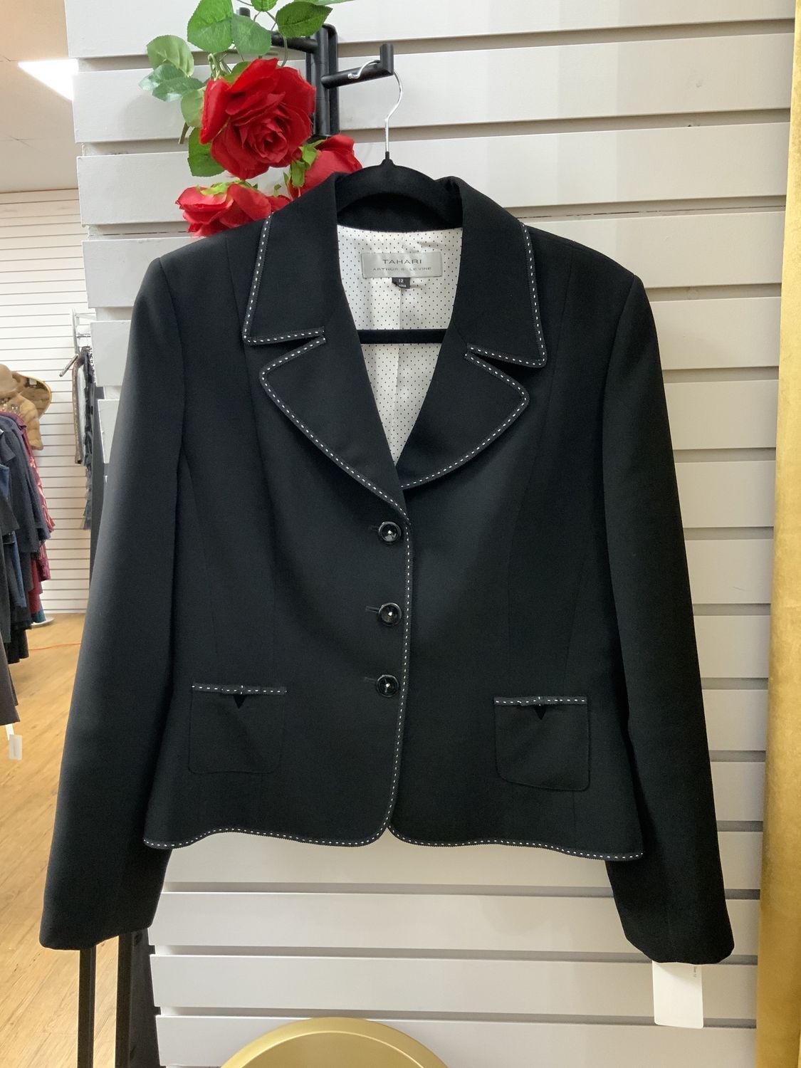Woman Black Jacket with White Stitching Size 12