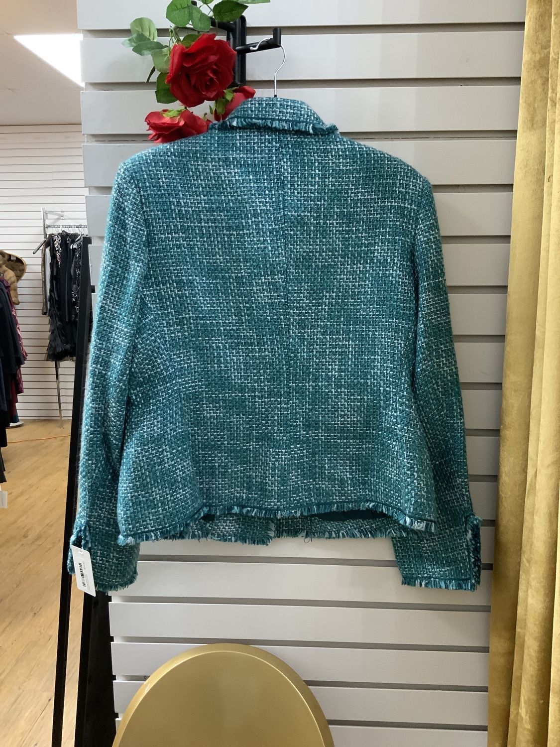 Woman Green and Cream Fringes Trim Jacket with Stone Button Size 14