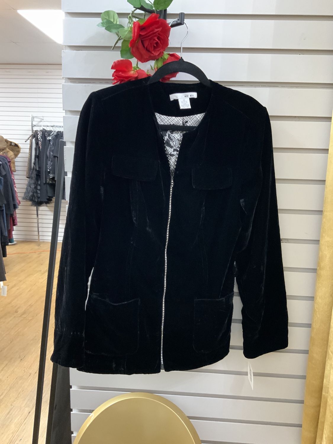 Woman Black Velvet no Collar with Zipper and Clear Stones on Zipper with Belt Size 10