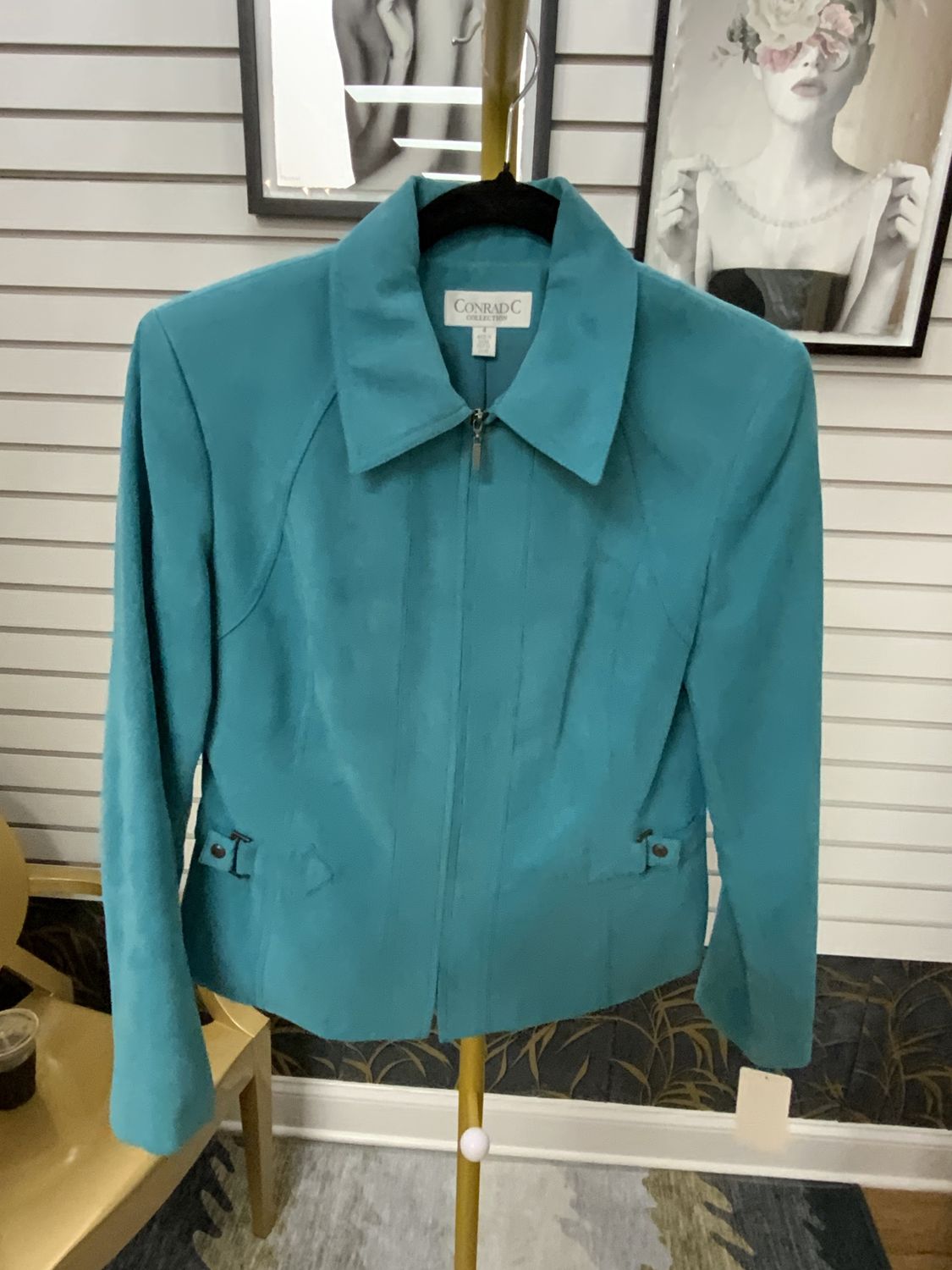 Woman Sueded Teal Zipper Jacket Size 4