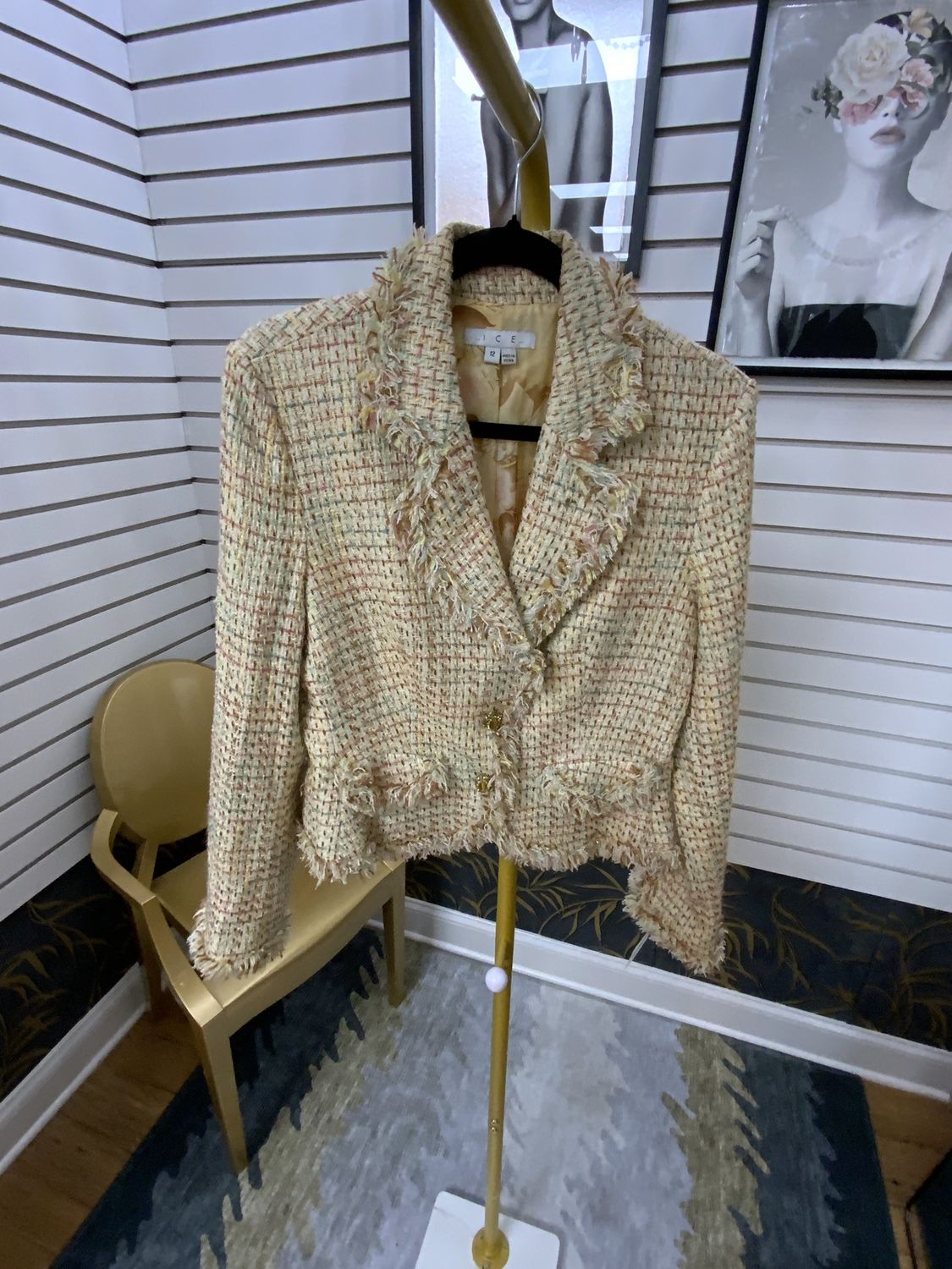 Woman Beige Fringes  and Tweed Gold Stone Buttons Size 12