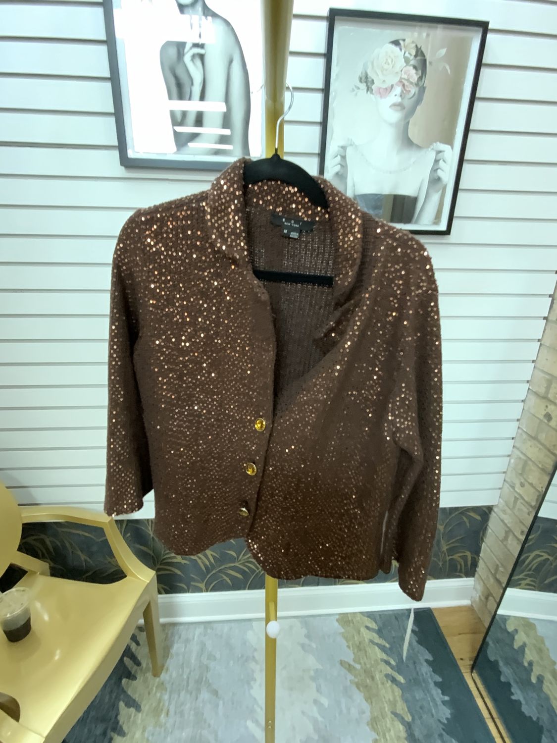 Woman Brown Sequined With Taupe Buttons Size Med