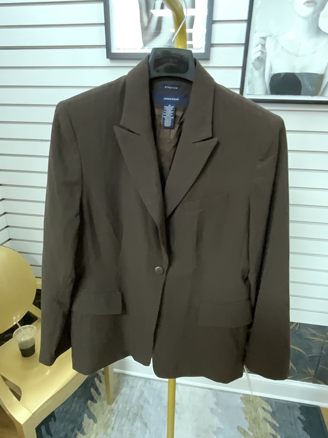Woman Brown Pin Strip with Tan Single Button Jacket Size 14