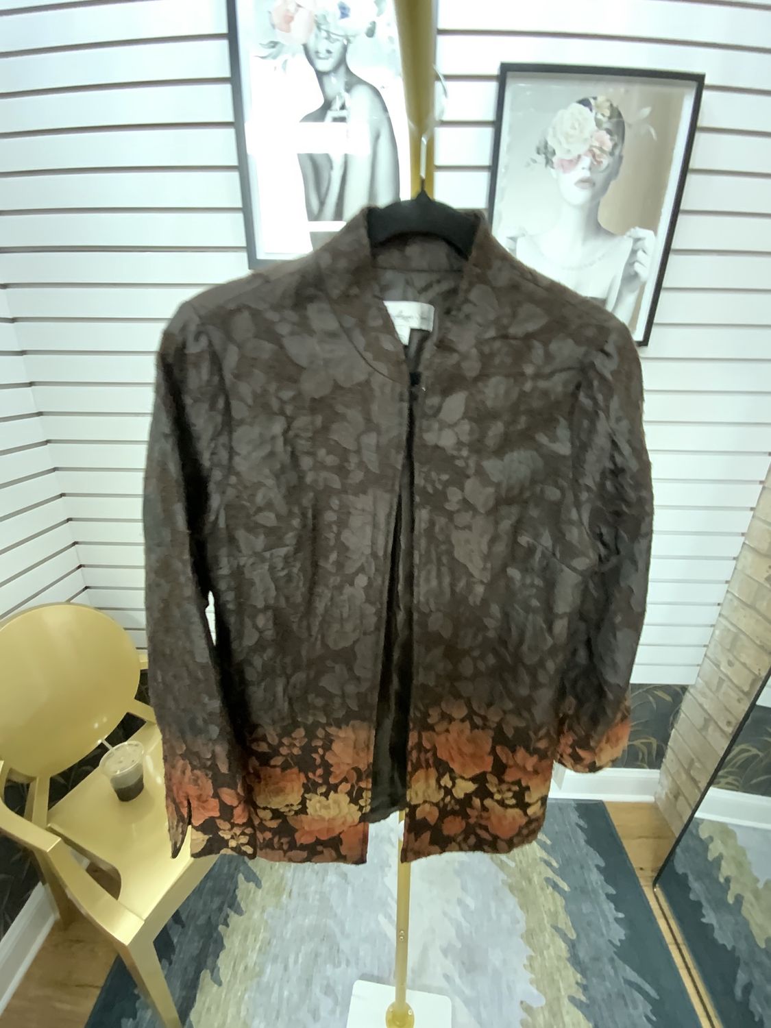 Woman Brown Texture Print with Blooms at thee Bottom of Long Jacket Size Small
