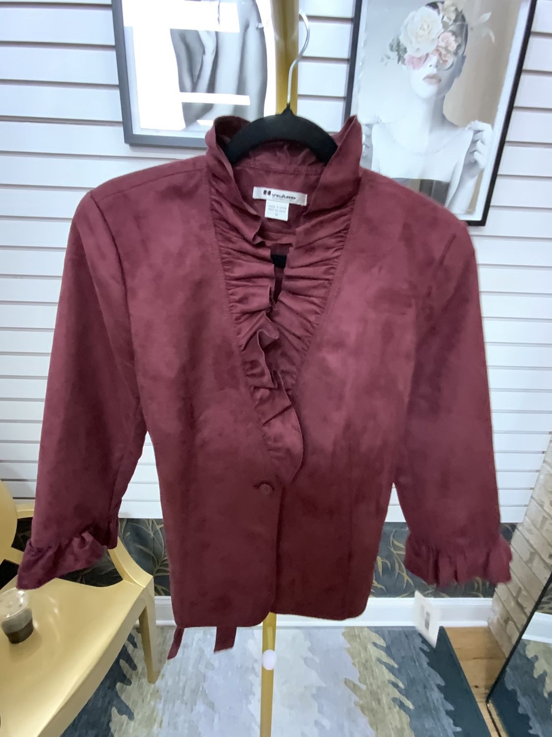 Woman Burgundy Suede Like with Belt Jacket Size 12