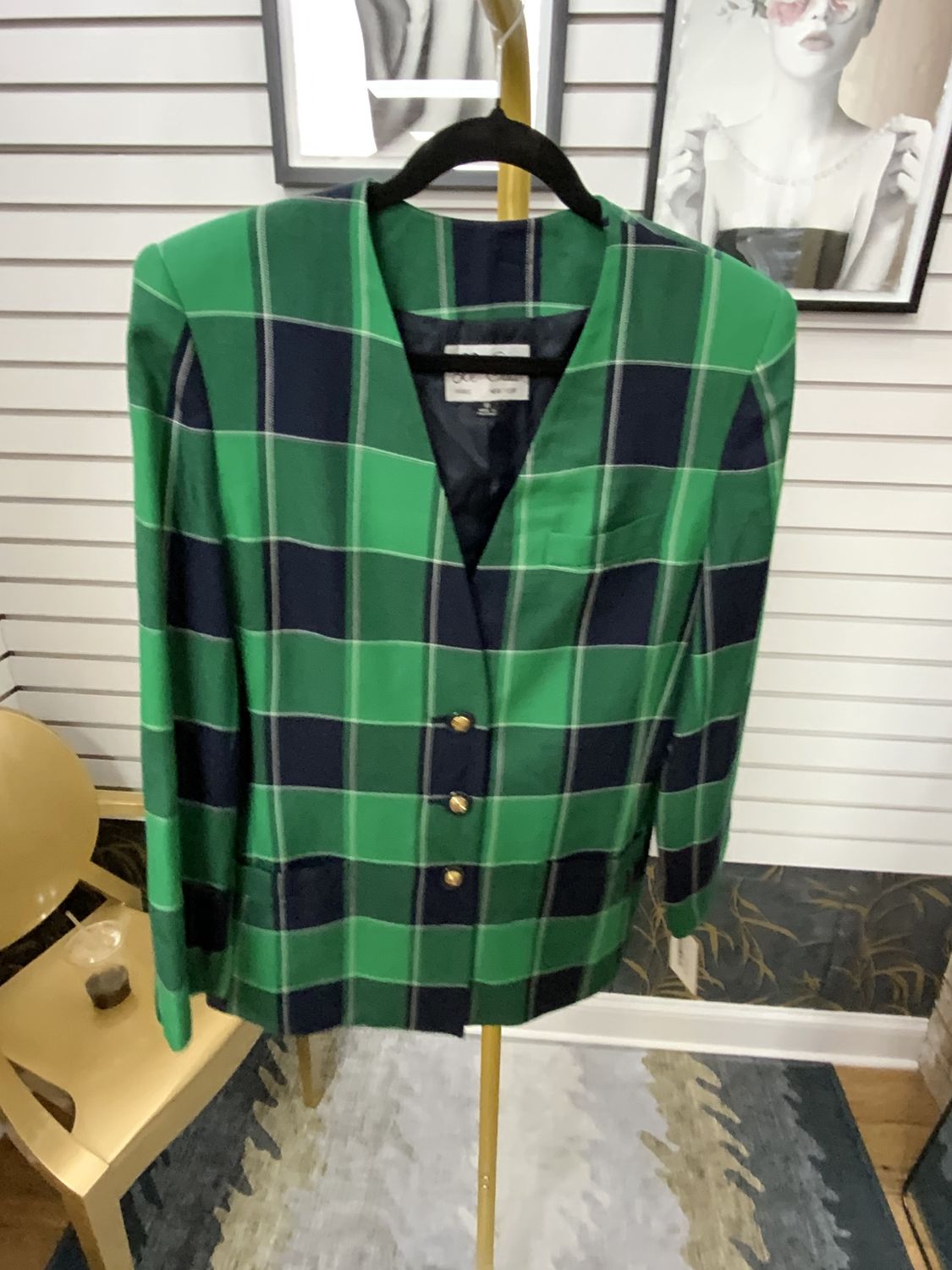 Woman Blue and Green Plaid Long Jacket Size 10