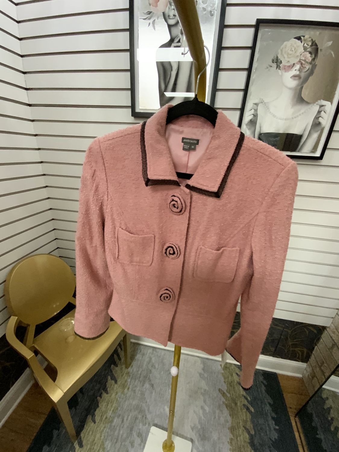 Woman Pink Tweed with Rose Buttons Net Black Trim Short Jacket Size 10